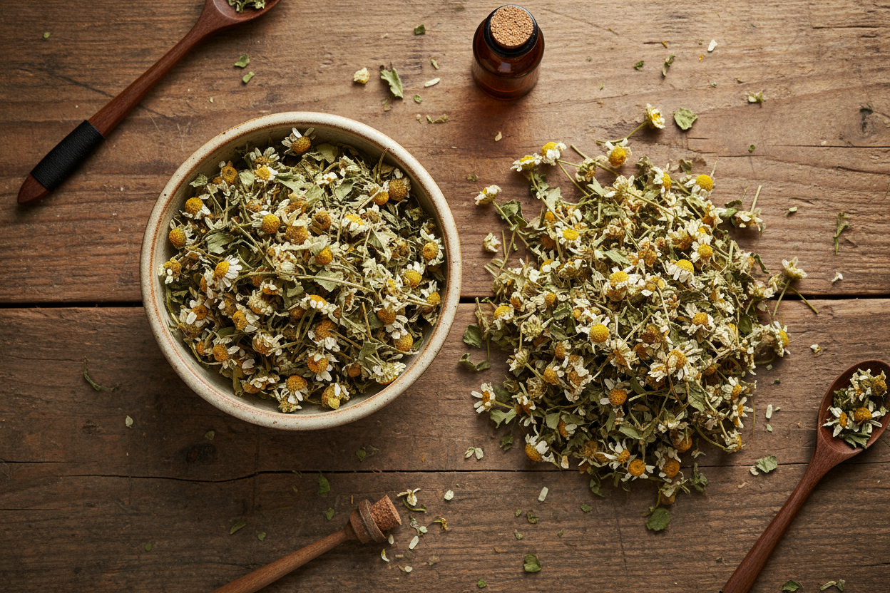 feverfew herb on a table